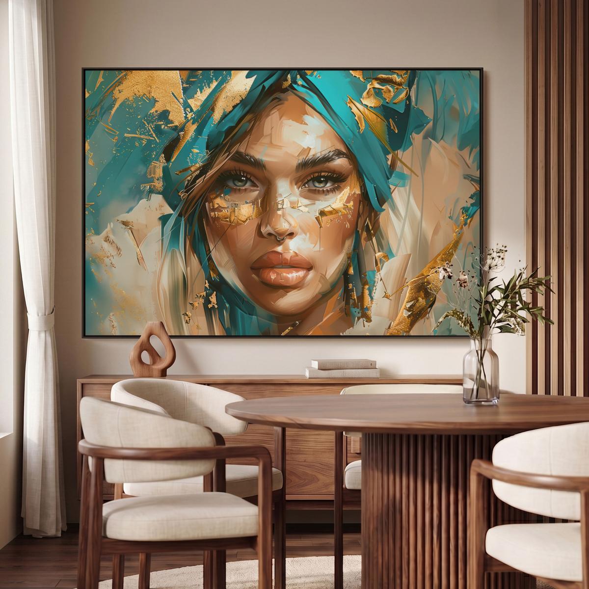LEINWAND Bilder mit Rahmen - Frau - Porträt - Gold - Luxus - Blau - 150x100 - Türkis, Textil (150/100cm) - MuchoWow