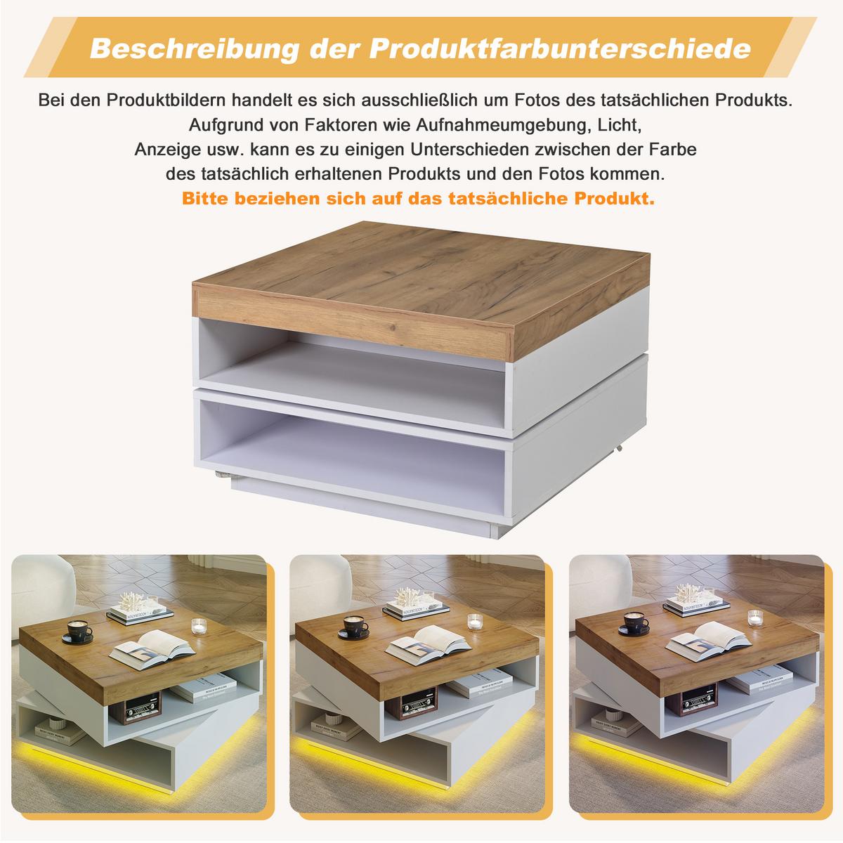 COUCHTISCH weiß & eiche-optik 360° drehbar mit led-beleuchtung - Weiß, Holzwerkstoff (65/65/40cm) - Urban Meuble