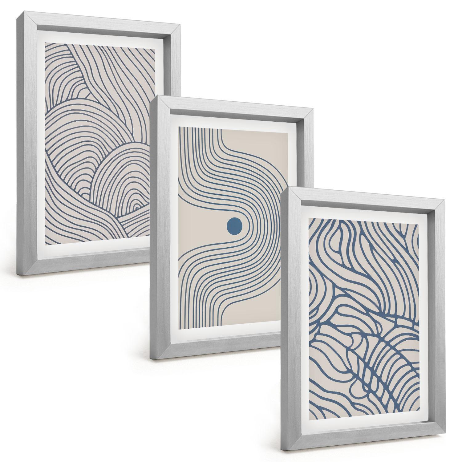 BILDER SET 3er Set - 20x30 cm Silberner Rahmen - Abstrakte Linien, Wellenformen - Silberfarben, Kunststoff (20/30cm) - TULUP