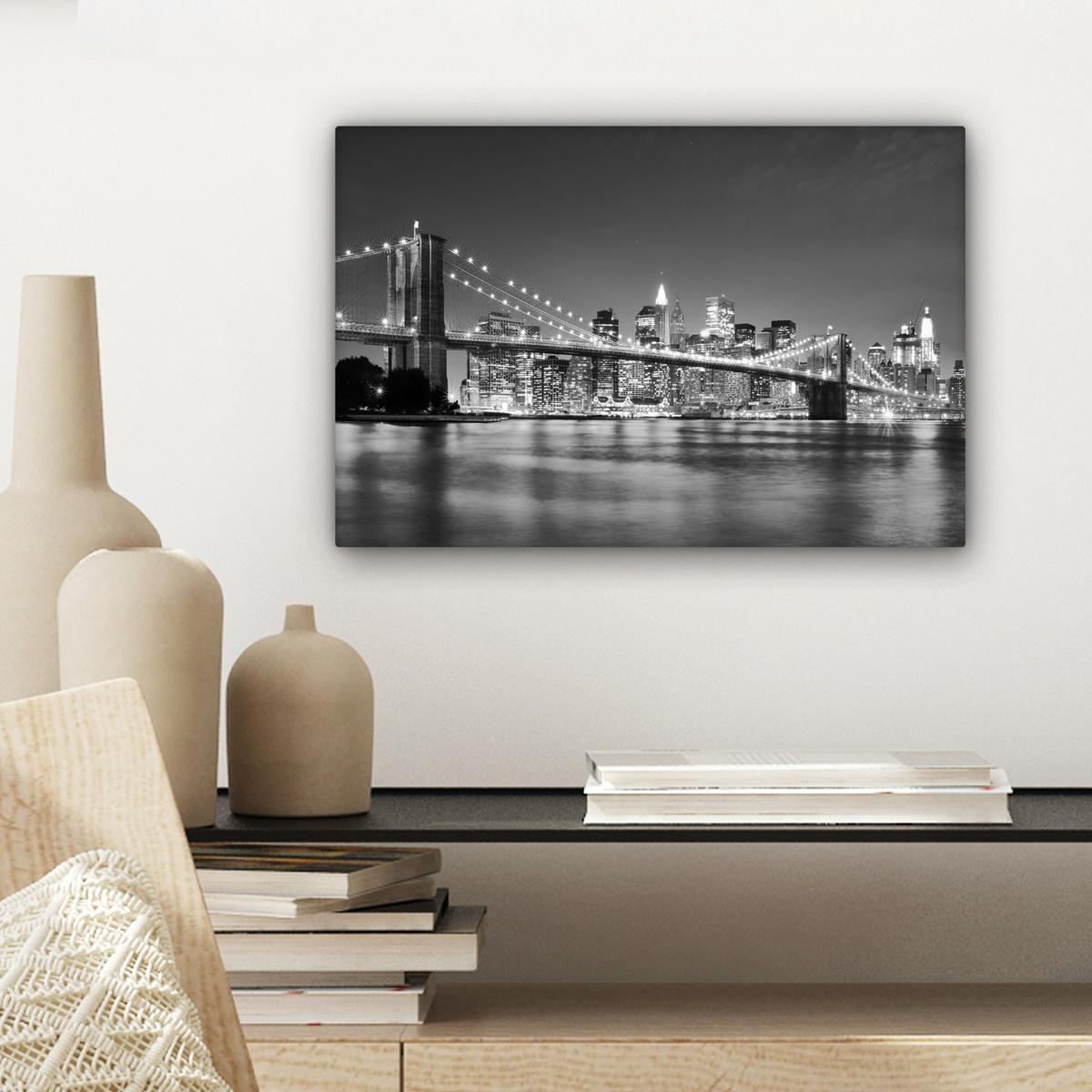 LEINWANDBILD New York - Brücke - Brooklyn - Schwarz und weiß - Architektur Deko Schlafzimmer 30x20 cm - Schwarz, Textil (30/20cm) - MuchoWow