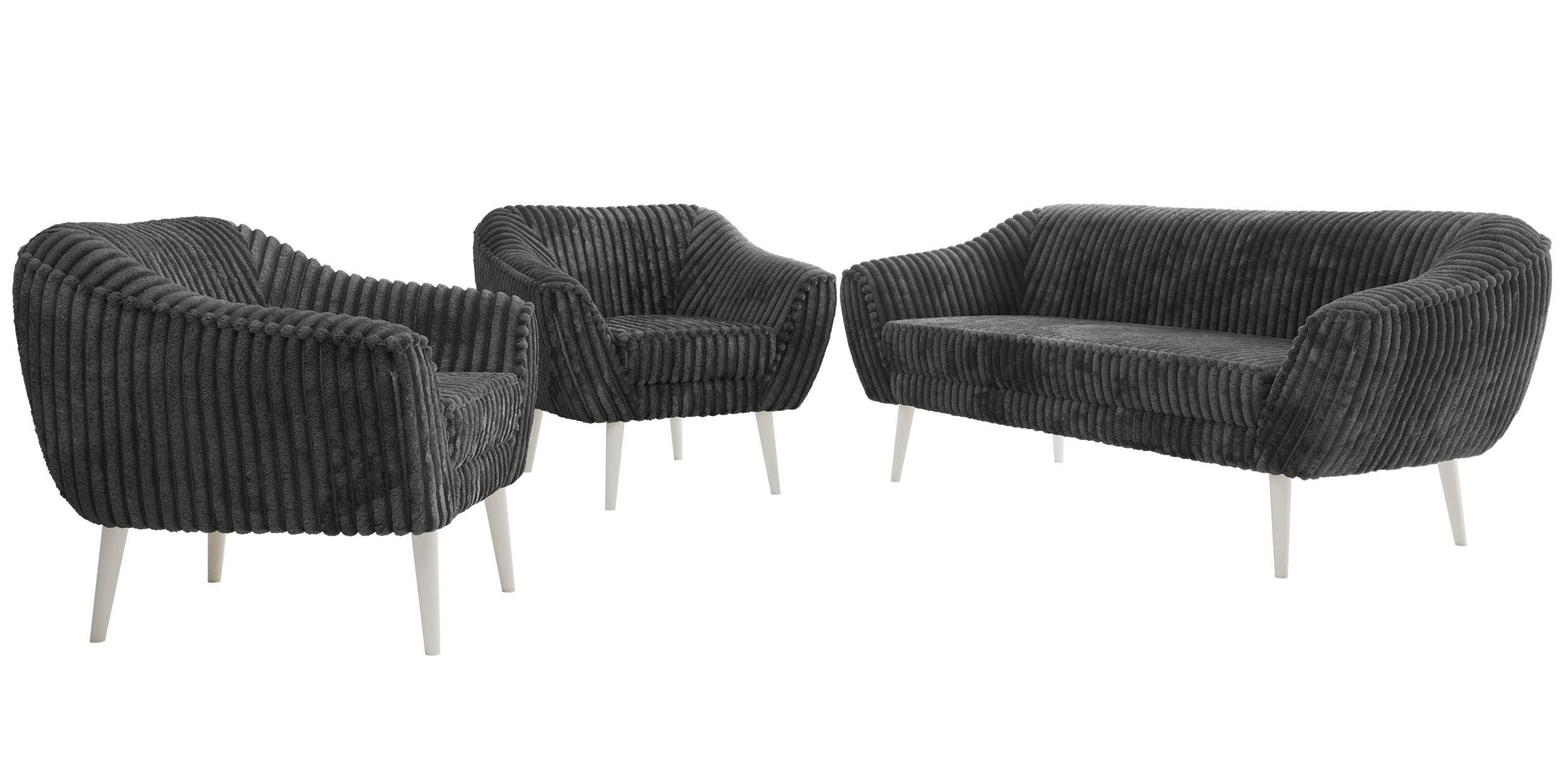 SITZGARNITUR PIRS 3+1+1 - Grau Cord - Weiße Beine - Weiß/Grau, Holzwerkstoff/Textil (180/75/74cm) - MKS