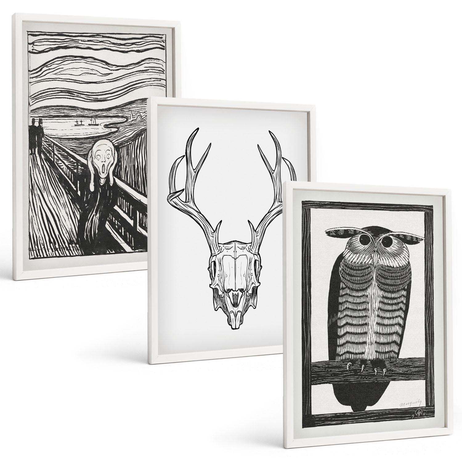 BILDER SET 3er Set - 40x60 cm Weißer Rahmen - Grafiken mit schreiendem Totenkopf-Eulen - Weiß, Kunststoff (40/60cm) - TULUP