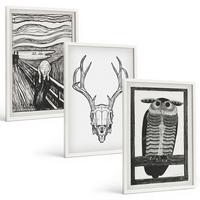 BILDER SET 3er Set - 40x60 cm Weißer Rahmen - Grafiken mit schreiendem Totenkopf-Eulen - Weiß, Kunststoff (40/60cm) - TULUP