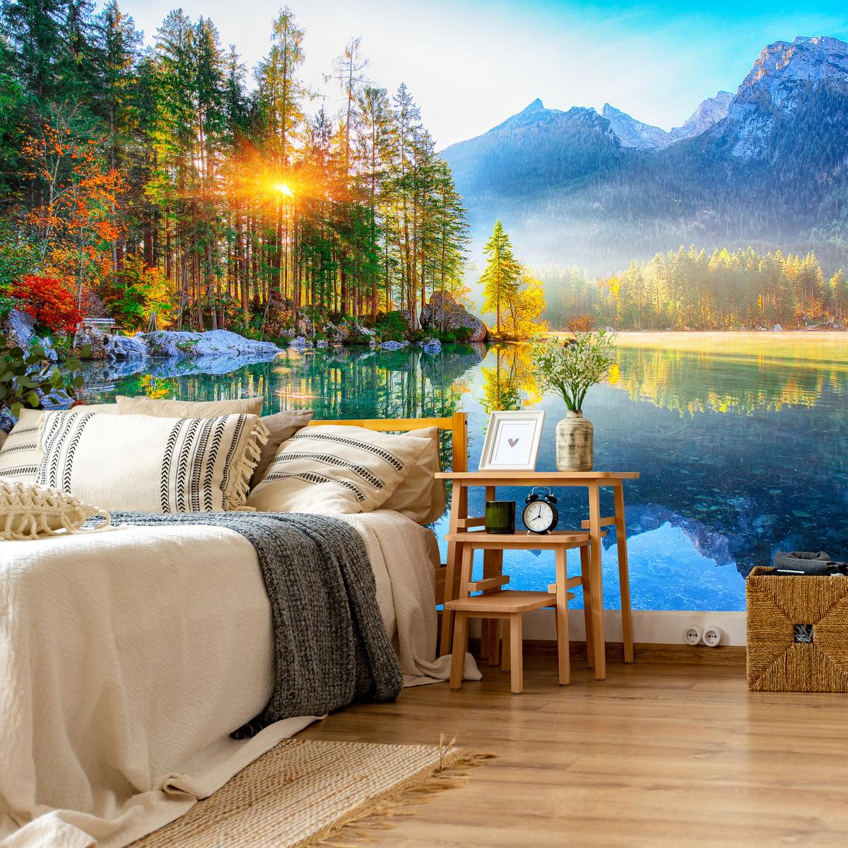 FOTOTAPETE für Schlafzimmer See Berge Bäume Sonnenuntergang Natur 450x315 - Gelb/Rot, Papier (450/315cm) - Muralo