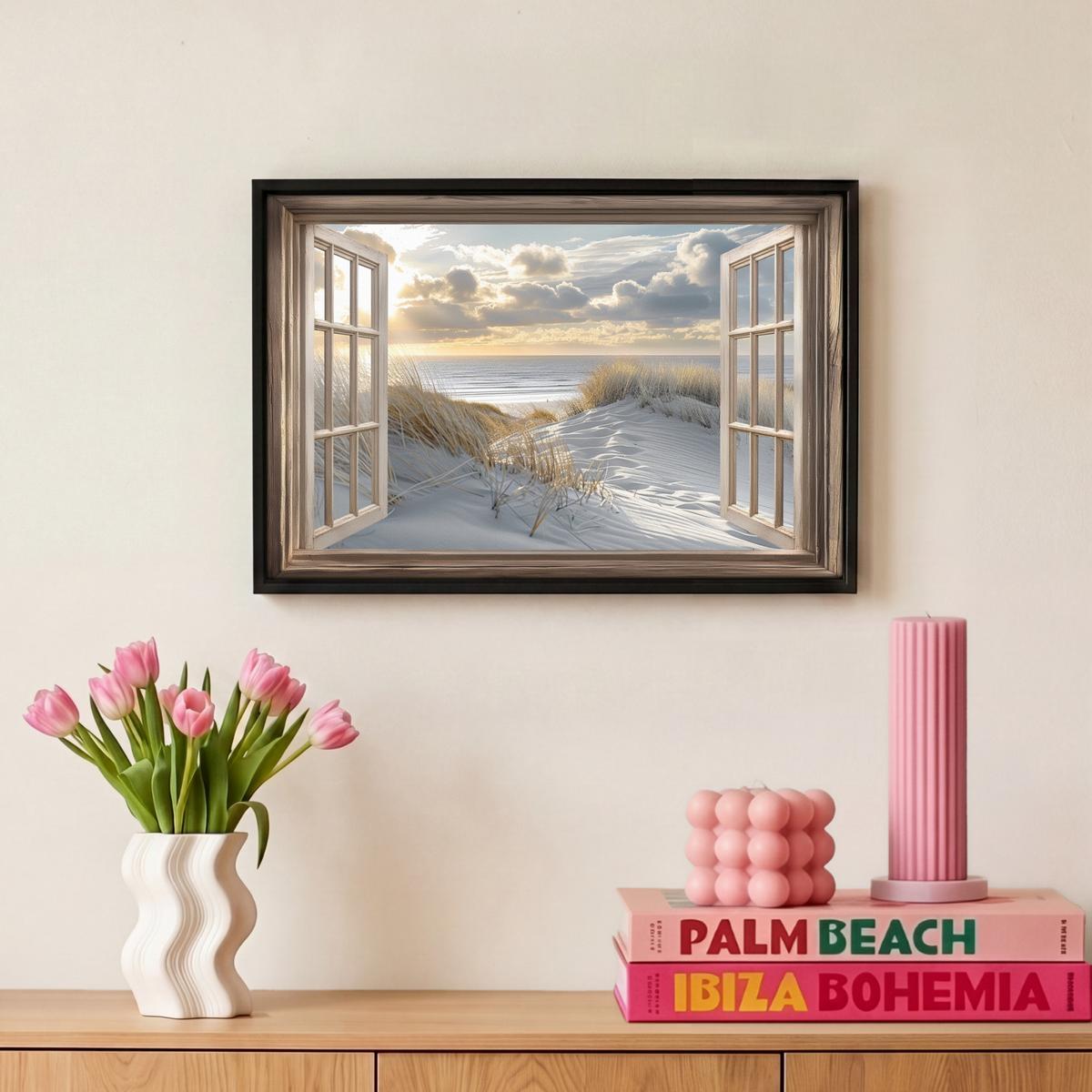 LEINWAND Bilder mit Rahmen - Ausblick - Strand - Dünen - Meer - Natur - 30x20 - Sandfarben, Textil (30/20cm) - MuchoWow