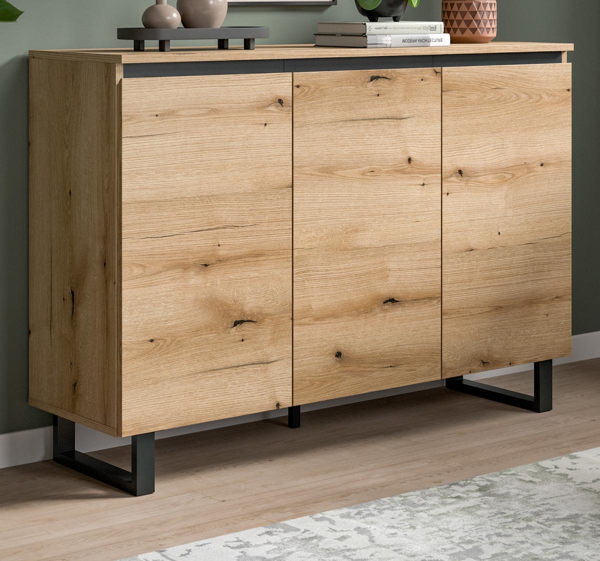 SIDEBOARD Eiche Evoke mit Schwarz, Kommode 3-türig 120 x 84 cm, Soft-Close - Eichefarben/Schwarz, Holzwerkstoff/Metall (120/84/36cm) - Inn.Furn
