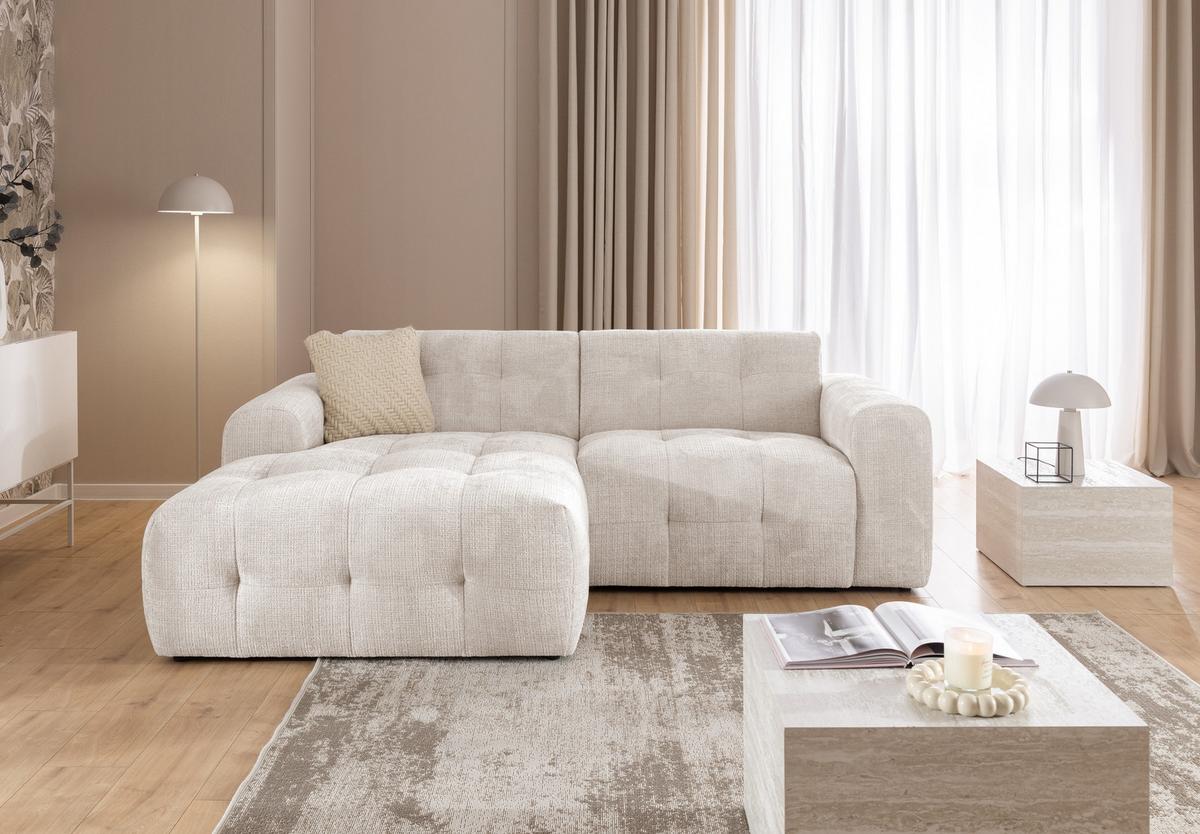ECKSOFA mit Ottomane links, raffinierten Steppungen, Wellenunterfederung, B234/T161/H79 cm, Chenille-Bezug in Beige / 21036 - Beige/Schwarz, Kunststoff/Textil (234/79/161cm) - luma-home