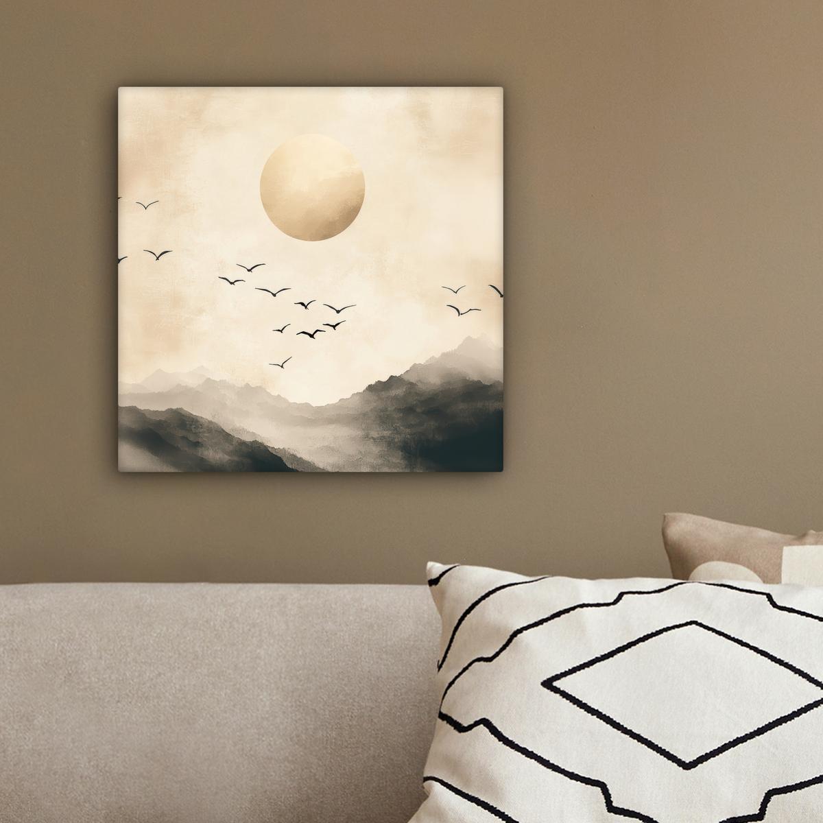 LEINWANDBILD Landschaft - Japandi - Vogel Deko Wohnzimmer 20x20 cm - Beige, Textil (20/20cm) - MuchoWow