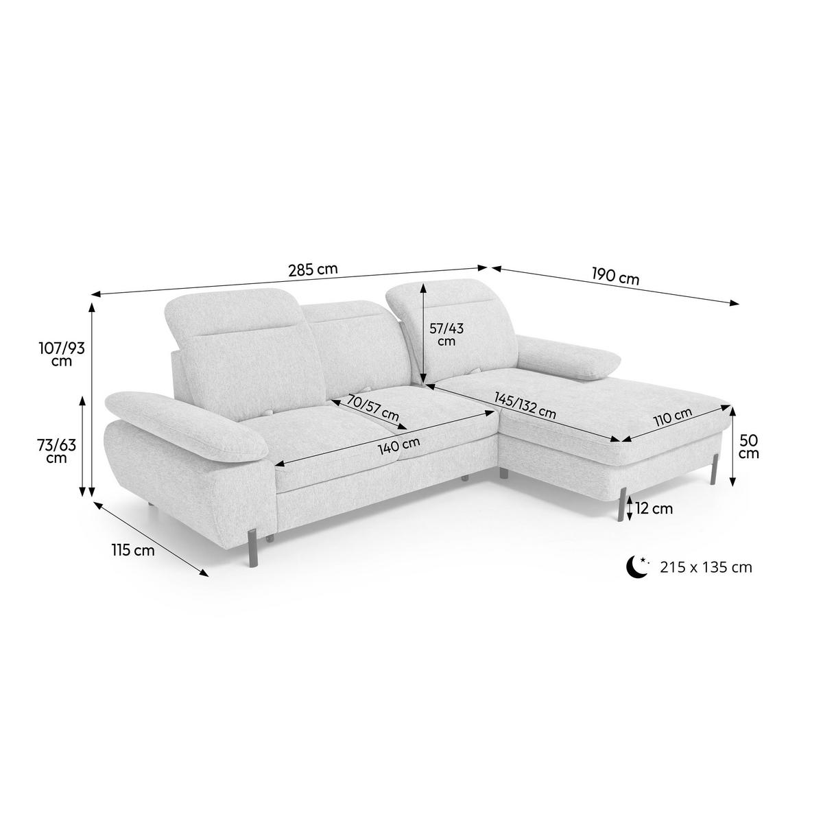 ECKSCHLAFSOFA Sora Mini mit verstellbaren Kopfstützen und Schlaffunktion, Chenille-Stoff, Hellgrau, Links - Hellgrau/Schwarz, Textil (285/190cm) - Beautysofa