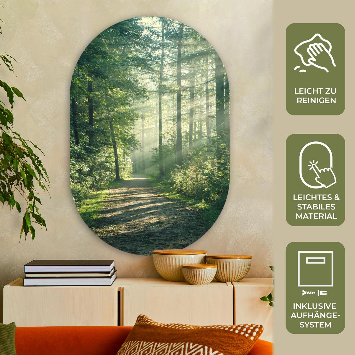 WANDBILD Wald - Weg - Sonne - Bäume - Grün - Natur Deko Groß 80x120 cm - Waldgrün, Kunststoff (80/120cm) - MuchoWow