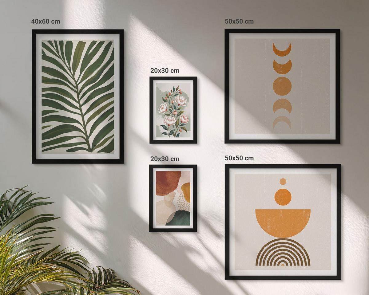 BILDER SET 5er Set - 50x50 cm & 20x30 cm & 40x60 cm Schwarzer Rahmen - Abstrakte Blattformen - Schwarz, Kunststoff (40/60cm) - TULUP