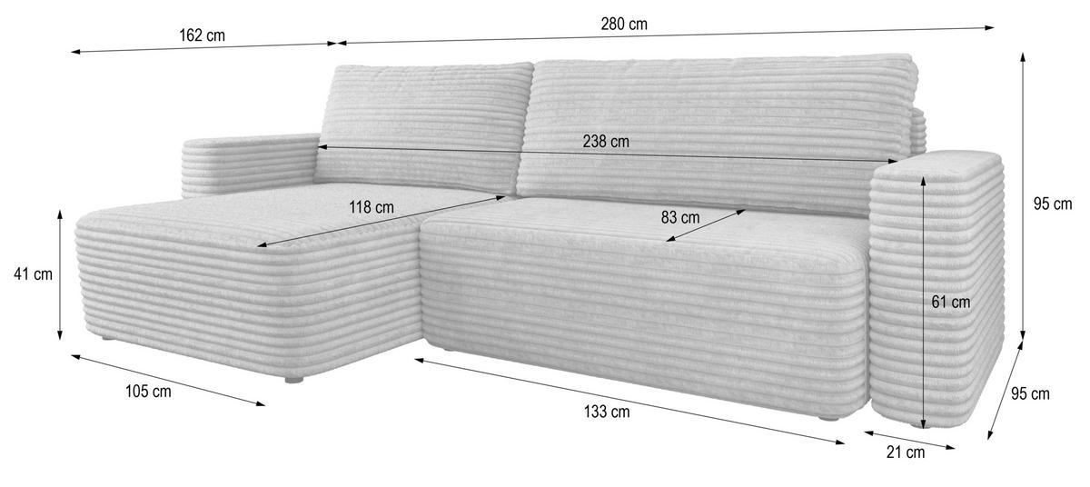 ECKSOFA TELIN Orange Kordstoff mit Schlaffunktion - Orange, Holz (280/162cm) - MASSENO