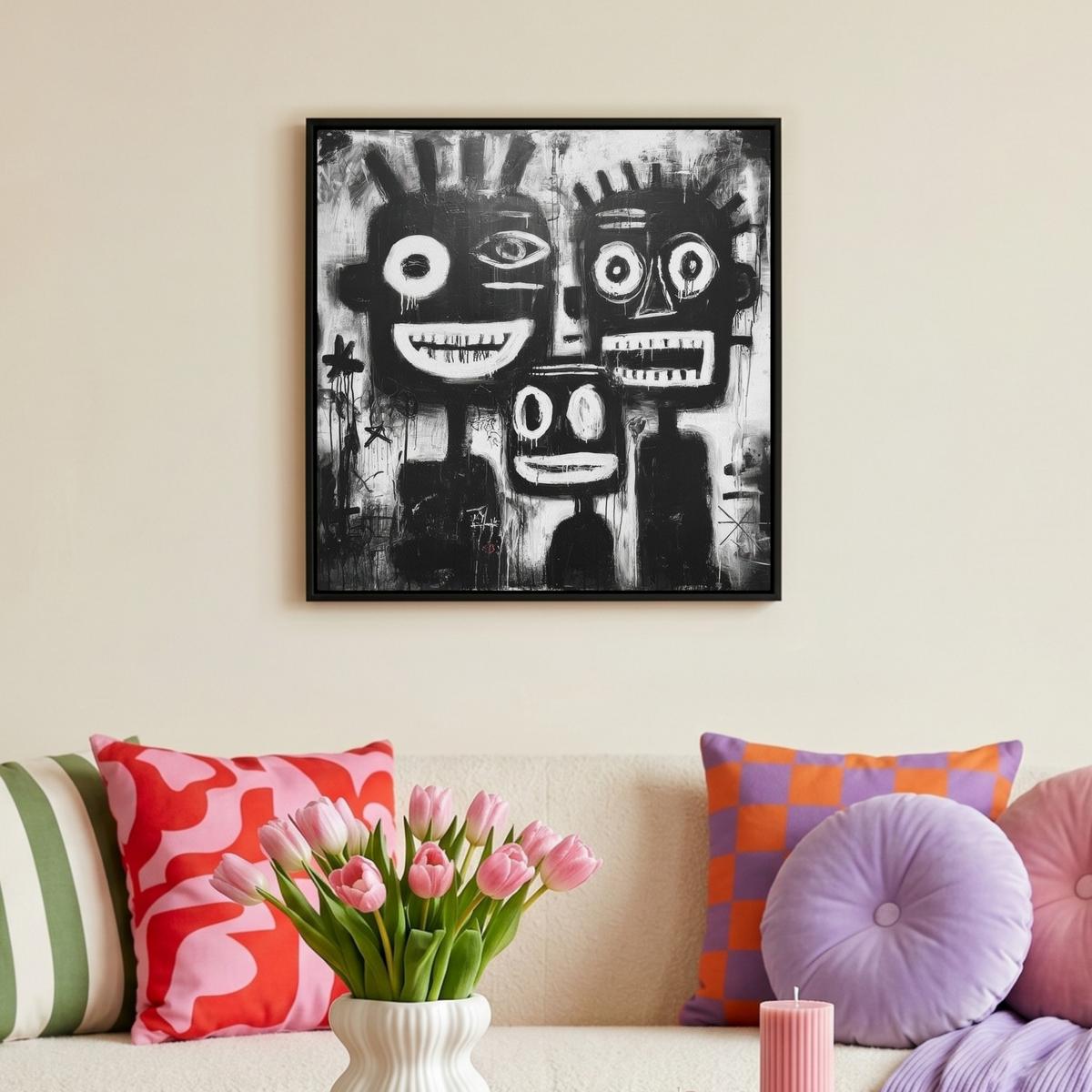 LEINWAND Bilder mit Rahmen - Malerei - Figuren - Schwarz - Abstrakt - 50x50 - Schwarz, Textil (50/50cm) - MuchoWow