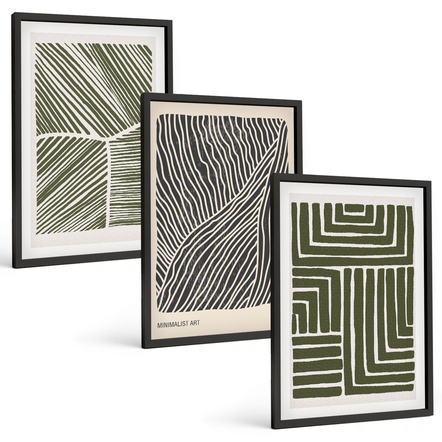 BILDER SET 3er Set - 40x60 cm Schwarzer Rahmen - Muster Linien Formen grün - Schwarz, Kunststoff (40/60cm) - TULUP