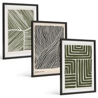 BILDER SET 3er Set - 40x60 cm Schwarzer Rahmen - Muster Linien Formen grün - Schwarz, Kunststoff (40/60cm) - TULUP