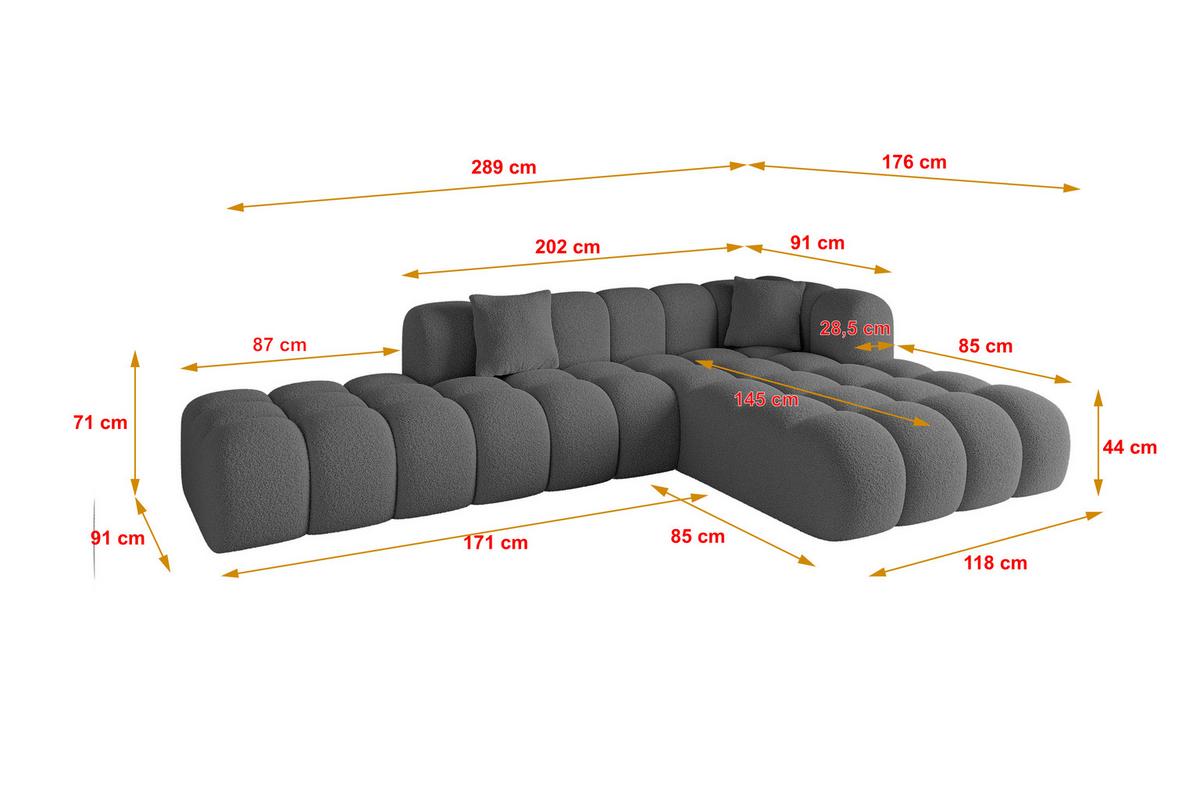 ECKSOFA Ottomane Rechts OLEA-L2 - 289x176x71 cm Grau - Platinfarben/Schwarz, Holzwerkstoff/Kunststoff (289/176cm) - ALTDECOR