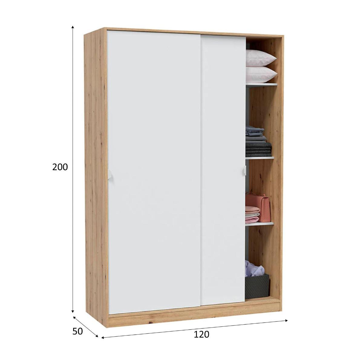 SCHRANK mit 2 Schiebetüren, Holzoptik und Weiß 120/200/50 cm - Weiß, Holzwerkstoff (120/200/54cm) - Calicosy