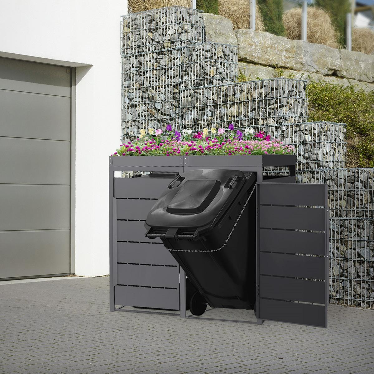 MÜLLTONNENBOX 2er mit Pflanzdach 240L 132x80x124 cm Anthrazit aus Stahl - Anthrazit, Metall (80/124/132cm) - ML-DESIGN