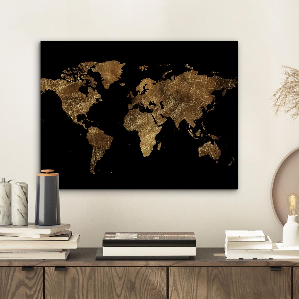 METALLBILD Weltkarte - Gold - Luxus - Erde - Schwarz 40x30 cm - Goldfarben, Metall (40/30cm) - MuchoWow