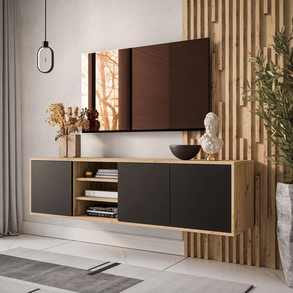 TV-ELEMENT SANAYI Hängend mit Regalen Eiche Artisan/Schwarz - Schwarz, Holzwerkstoff (156/41/38cm) - Lookway
