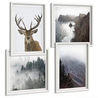 BILDER SET 4er Set - 50x50 cm & 40x60 cm Weißer Rahmen - Berglandschaft Nebel Hirsch - Weiß, Kunststoff (50/50cm) - TULUP