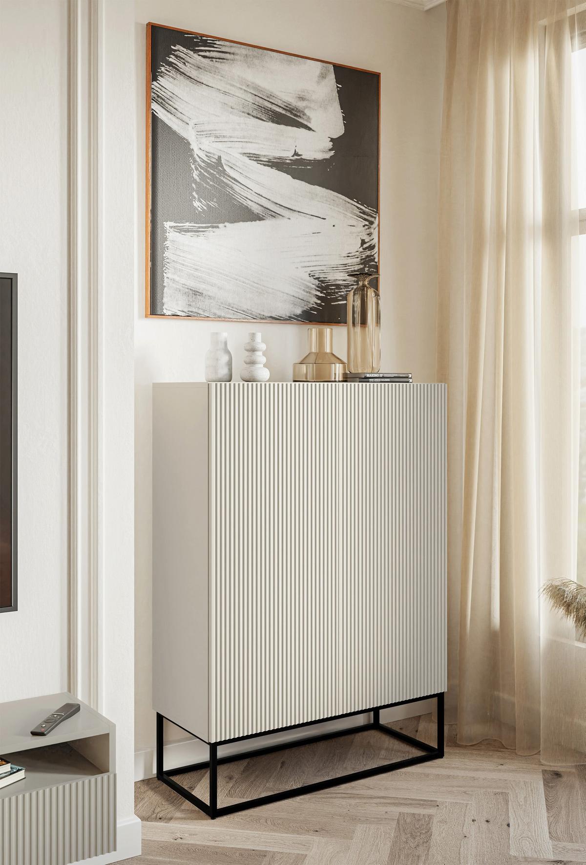 HIGHBOARD Veldio Graubeige mit schwarzen Beinen 90 cm - Taupe/Greige, Holzwerkstoff/Metall (125/90/38cm) - Selsey