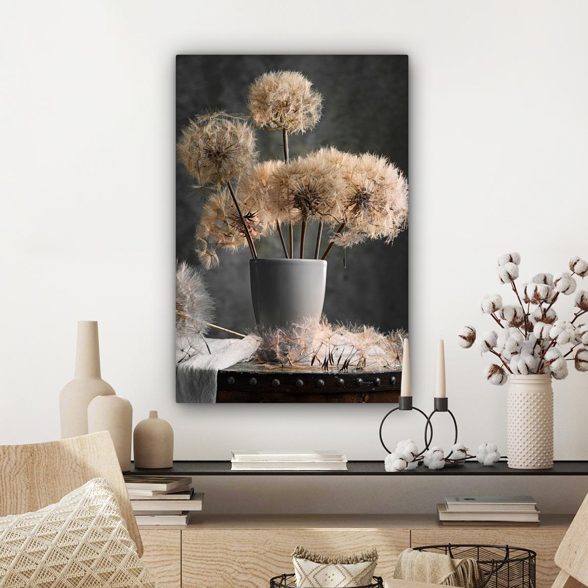LEINWANDBILD Blumensamen - Löwenzahn - Vase - Stilleben - Blumenstrauß Wanddeko Schlafzimmer 60x90 cm - Dunkelgrau, Textil (60/90cm) - MuchoWow