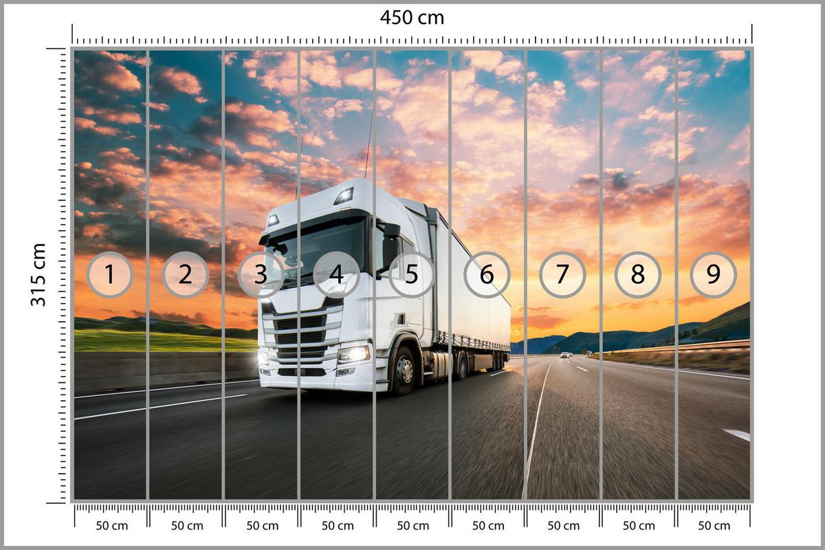 FOTOTAPETE Ein Lastwagen Autobahn Sonnenuntergang Berge 450x315 - Rosa/Orange, Papier (450/315cm) - Muralo