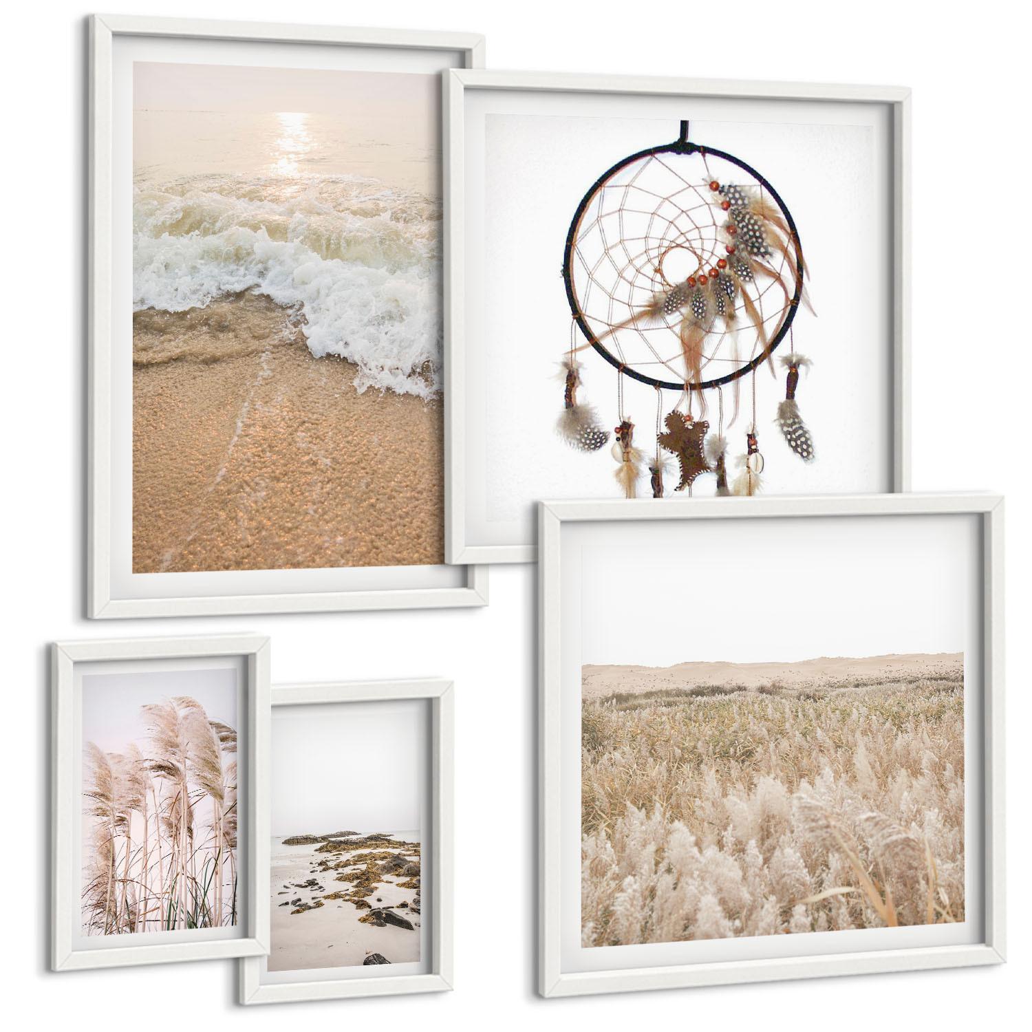 BILDER SET 5er Set - 50x50 cm & 20x30 cm & 40x60 cm Weißer Rahmen - Strandgras, Wellen, Steine, Boho-Stil - Weiß, Kunststoff (40/60cm) - TULUP