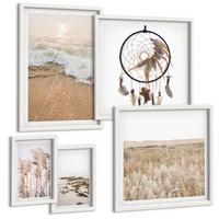 BILDER SET 5er Set - 50x50 cm & 20x30 cm & 40x60 cm Weißer Rahmen - Strandgras, Wellen, Steine, Boho-Stil - Weiß, Kunststoff (40/60cm) - TULUP