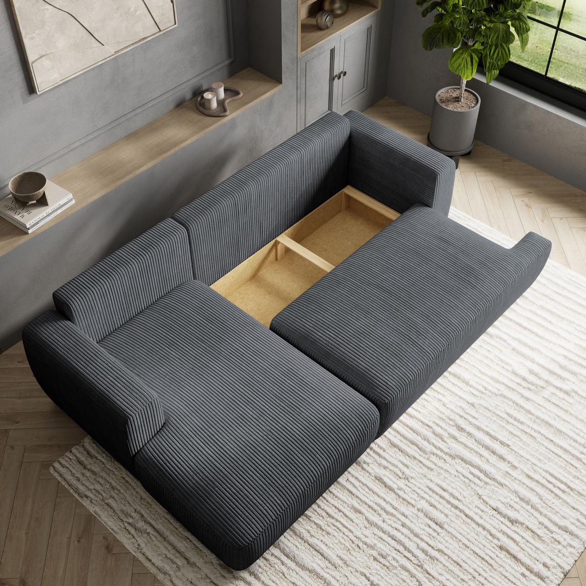 ECKSOFA SENTI P L-S Grau Kordstoff mit Schlaffunktion - Schwarz/Grau, Holz/Kunststoff (246/148cm) - MASSENO