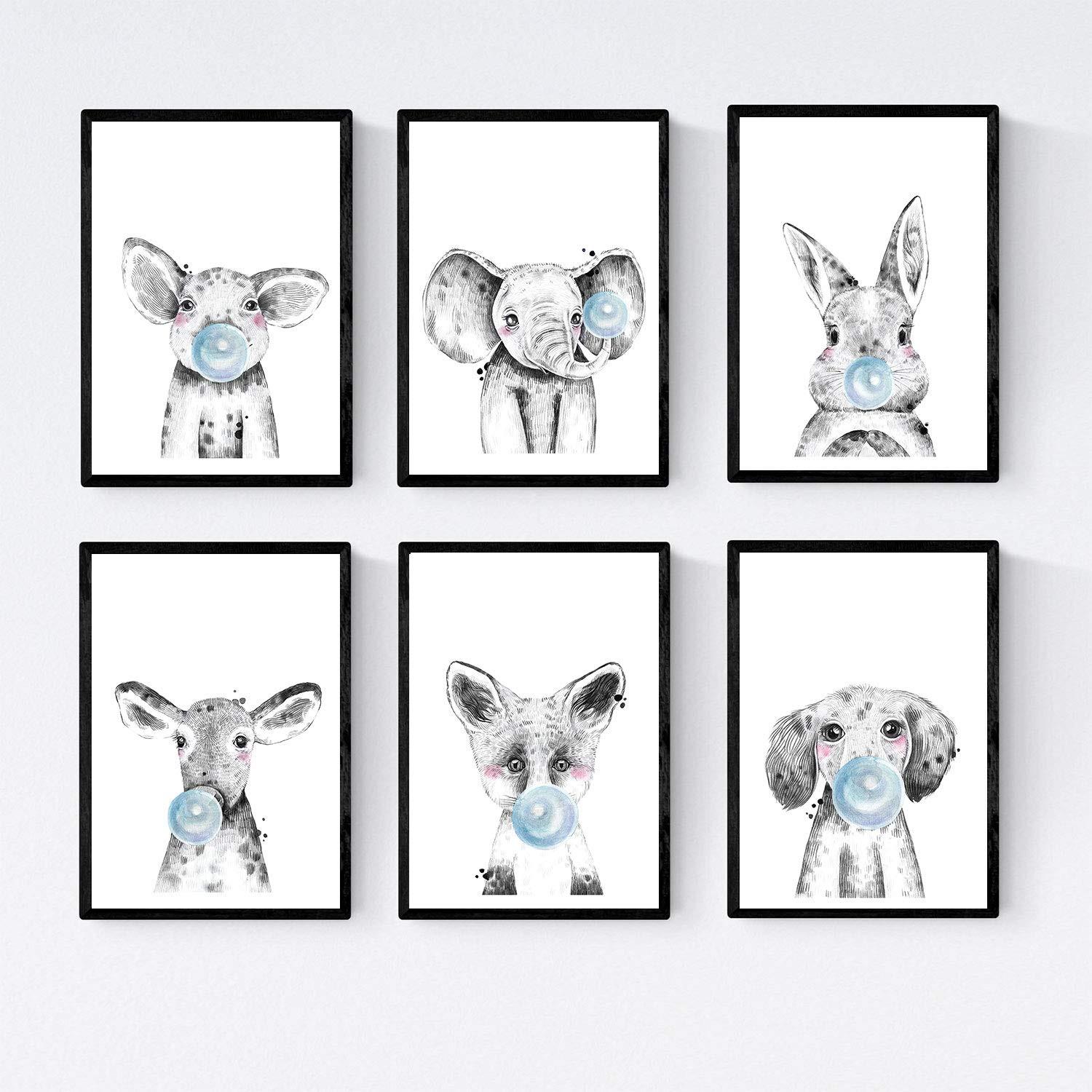 POSTER Set Mit 6 Tiere Babys Mit Kaugummi Schweinelefant Kaninchen Kuh Zorro Hund A3 Schwarzer Rahmen - Schwarz, Papier (29/3cm) - Nacnic