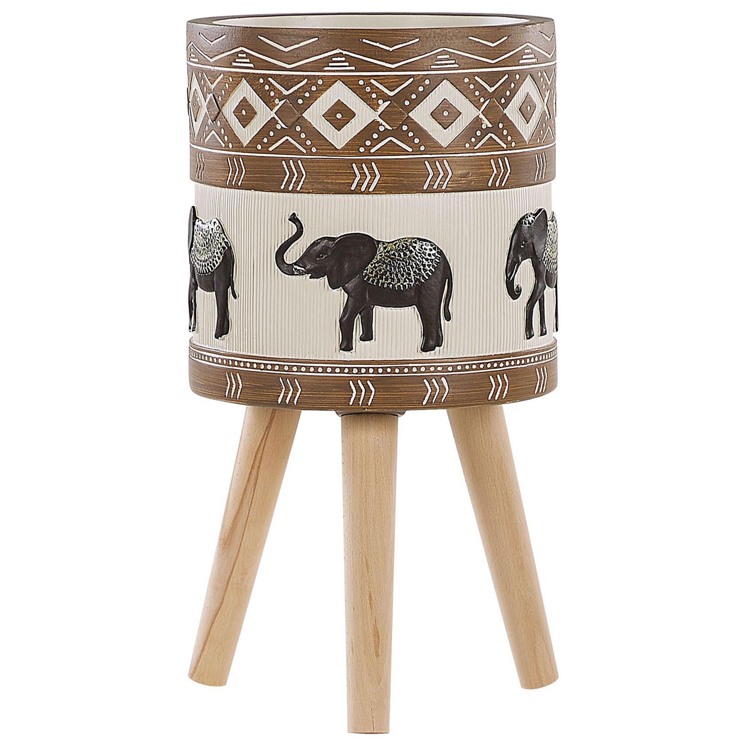 PFLANZENSTÄNDER braun/beige Elefantenmotiv mit Holzbeinen 55 cm Achilio - Beige/Goldfarben, Stein (55cm) - Beliani
