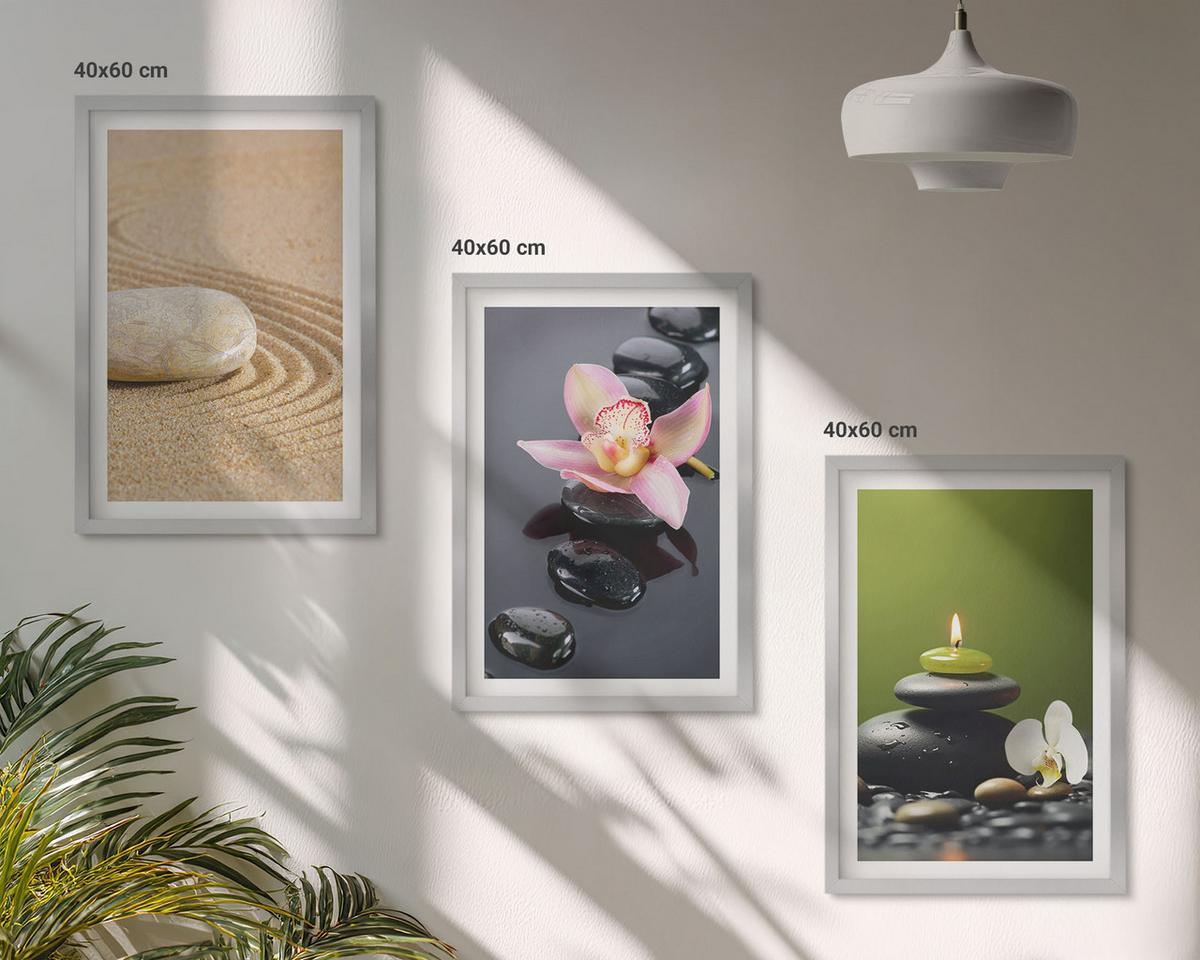 BILDER SET 3er Set - 40x60 cm Silberner Rahmen - Entspannende Zen-Steinmotive - Silberfarben, Kunststoff (40/60cm) - TULUP