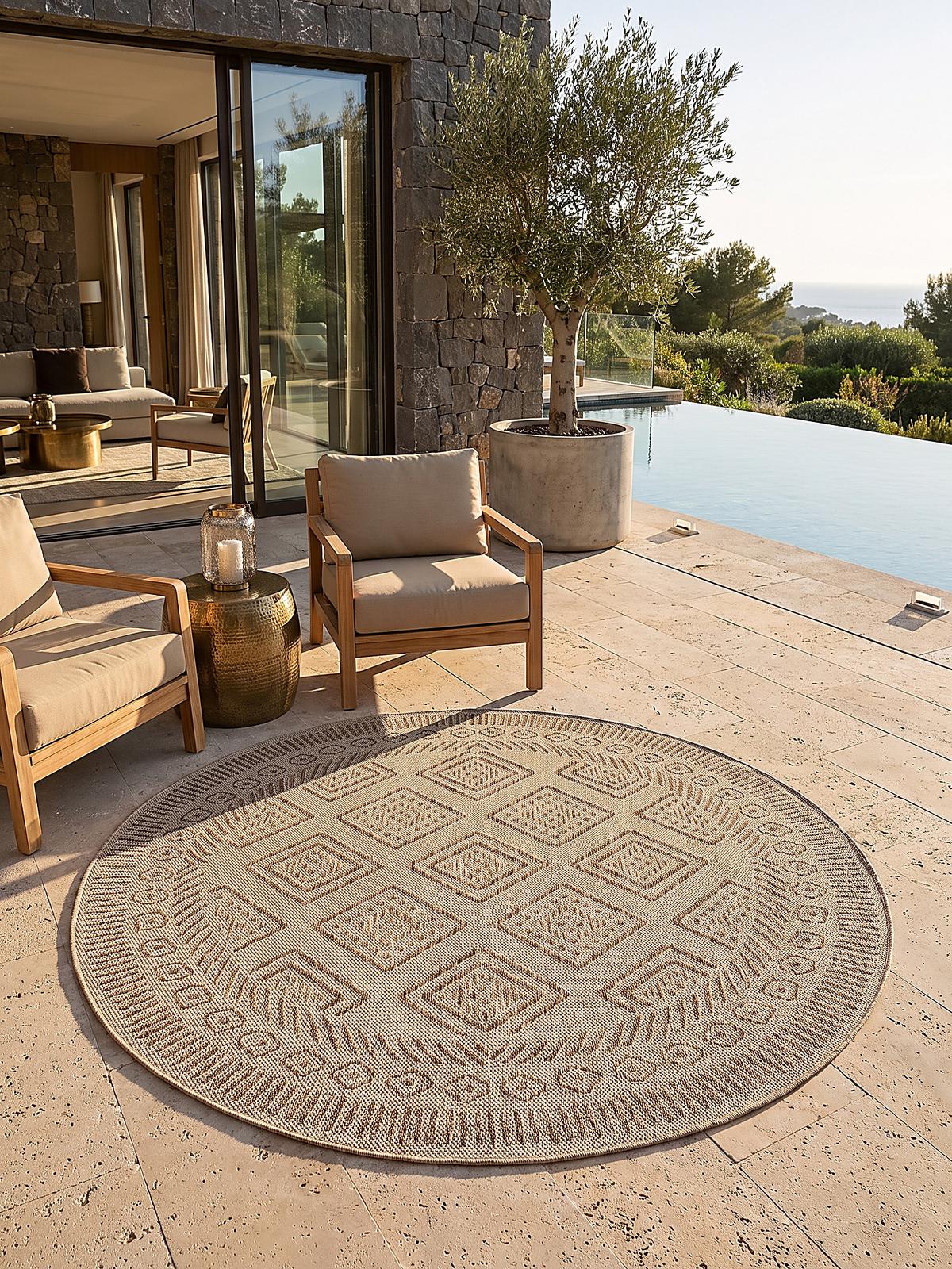 TEPPICH Flachgewebe, Outdoor, Fußbodenheizung-geeignet, mit Rautenmuster, VIGOLENO in Beige-Braun, Ø 160 cm - Beige, Textil (160/160cm) - KADIMA DESIGN