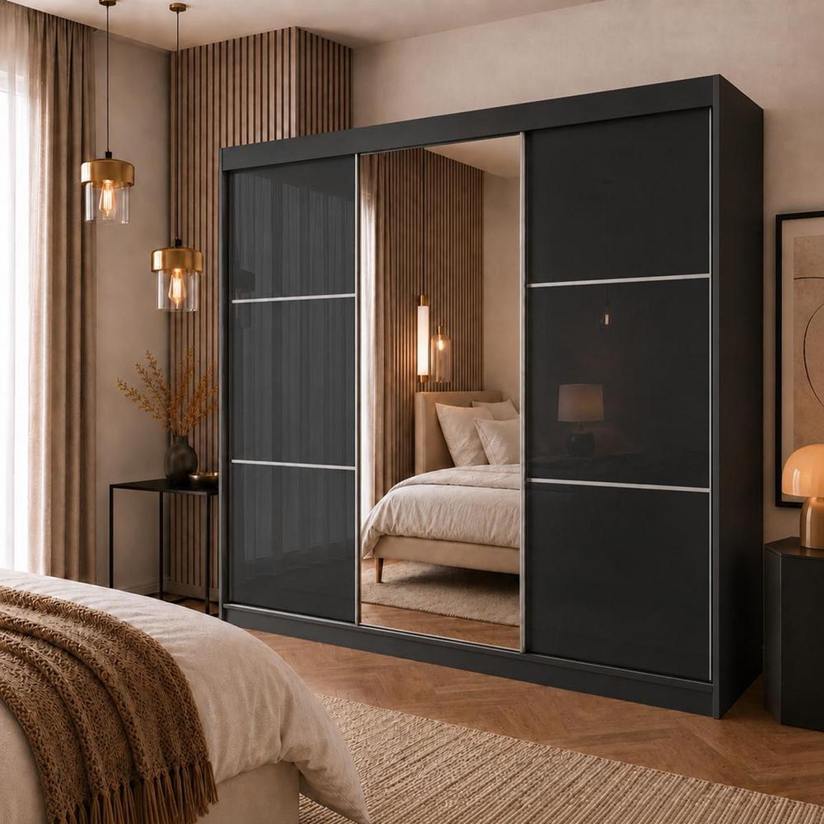 SCHWEBETÜRENSCHRANK Viva 240/216/61 schwarz mit Spiegel und Schubladeneinsätze - Schwarz, Holzwerkstoff (240/216/61cm) - Beautysofa