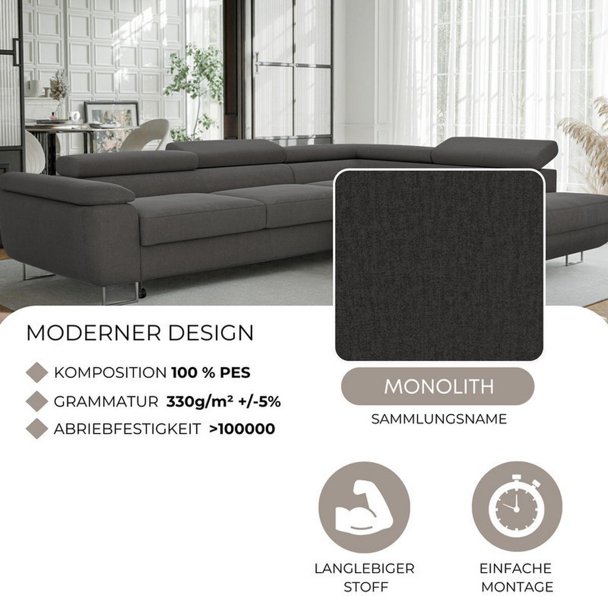 ECKSOFA ANTON rechts, mit Schlaffunktion und Bettkasten Anthrazit - Chromfarben/Anthrazit, Textil/Metall (274/203cm) - Idohome
