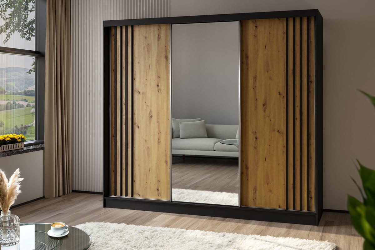 KLEIDERSCHRANK mit Spiegel-Schiebetüren und Aluminium-Leisten - NALLA - 240 cm Schwarz+Artisan+Schwarz - Schwarz/Eiche Artisan, Holzwerkstoff (240/216/61cm) - ALTDECOR