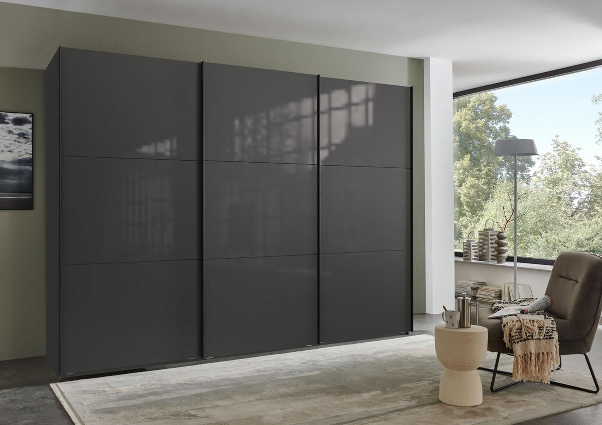 SCHWEBETÜRENSCHRANK 3-türig B300/H216/T65 cm in Anthrazit mit Glasfront, Kleiderschrank inkl. Vollausstattung / 22038 - Eichefarben/Anthrazit, Holzwerkstoff/Metall (300/216/65cm) - luma-home