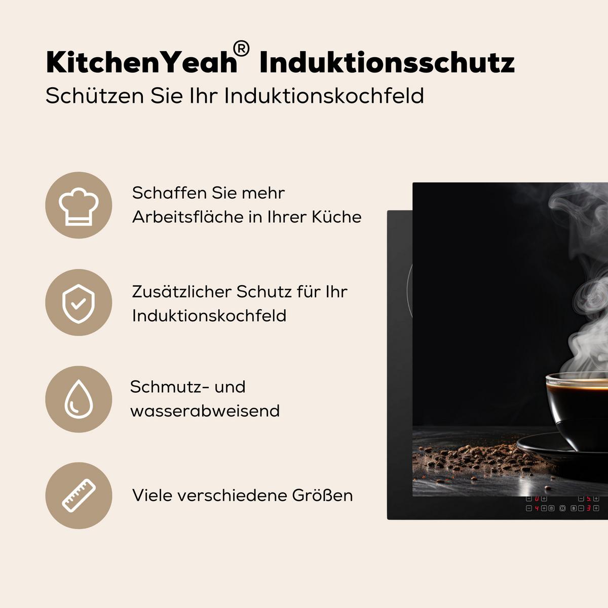 HERDABDECKPLATTE Kaffee - Schwarz - Bohnen - Heiß - Tasse Herdabdeckung Induktionsfeld 65x52 cm - Schwarz, Kunststoff (65/52/0.2cm) - MuchoWow