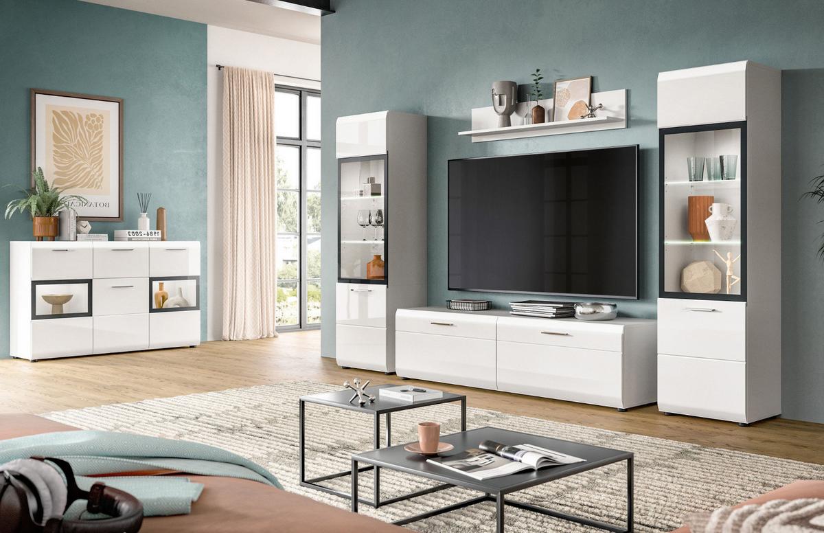 WOHNWAND weiß Hochglanz 4-teilig 280 cm, Schrankwand mit 2 Vitrinen - Weiß Hochglanz/Silberfarben, Glas/Holzwerkstoff (280/160/41cm) - Inn.Furn