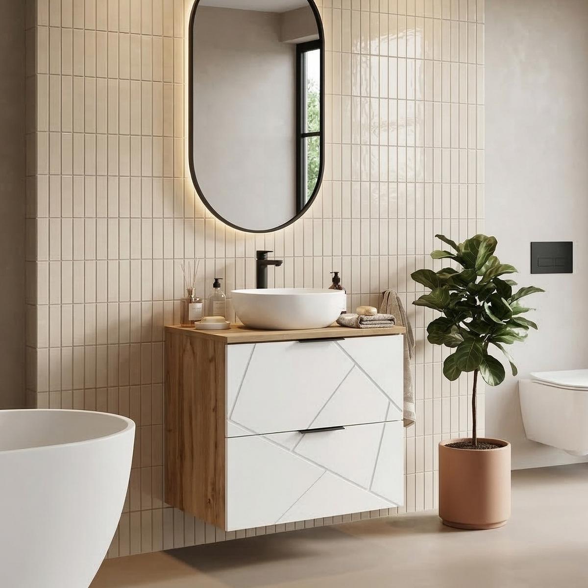 WASCHBECKENUNTERSCHRANK Manello 2 Schubladen Eiche mit Matt Weiß - 60 x 46 x 58 cm - Eichefarben/Weiß, Holz (60/58/46cm) - Badplaats