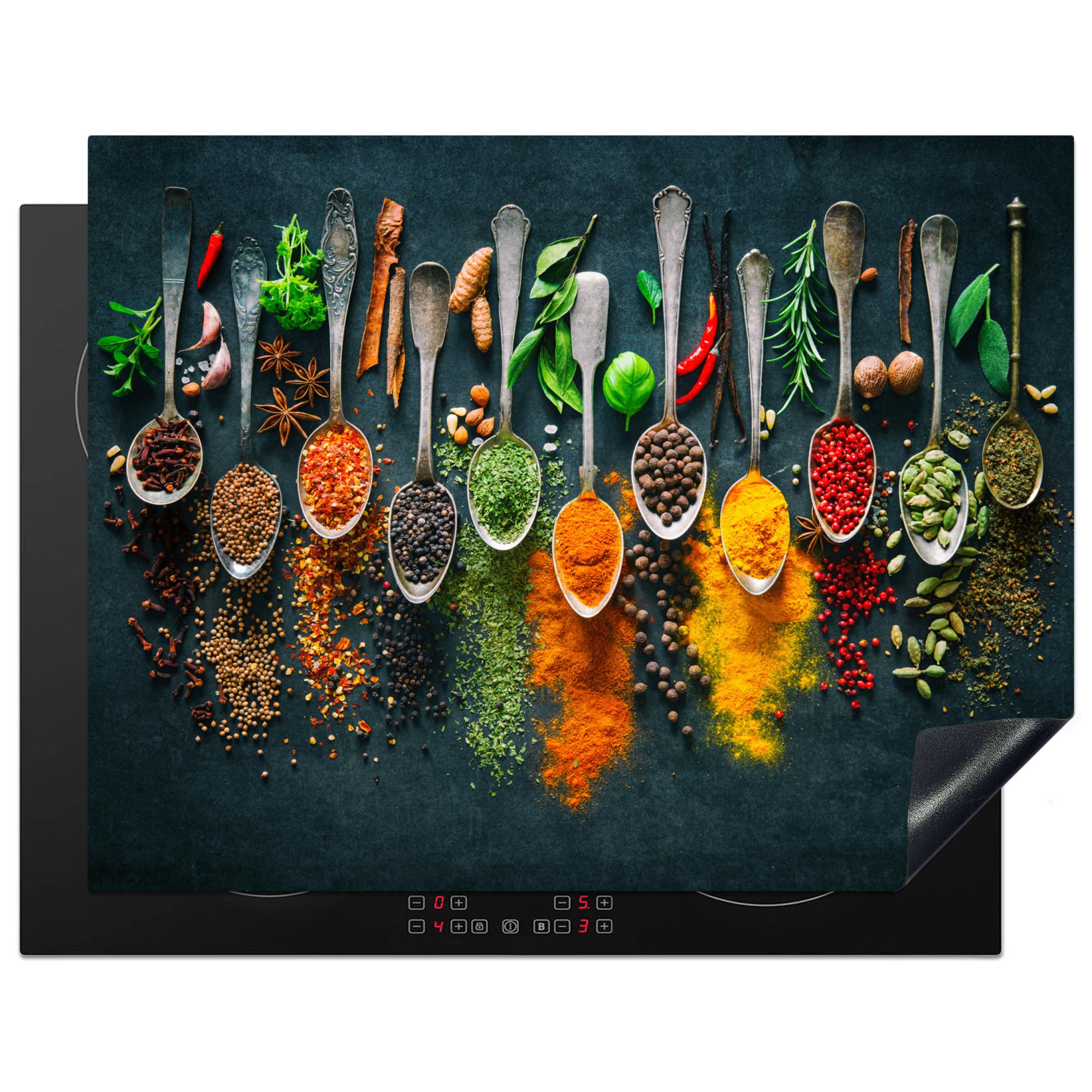 HERDABDECKPLATTE Kräuter - Gewürze - Löffel Induktionsmatte 77x59 cm - Multicolor, Kunststoff (77/59/0.2cm) - MuchoWow