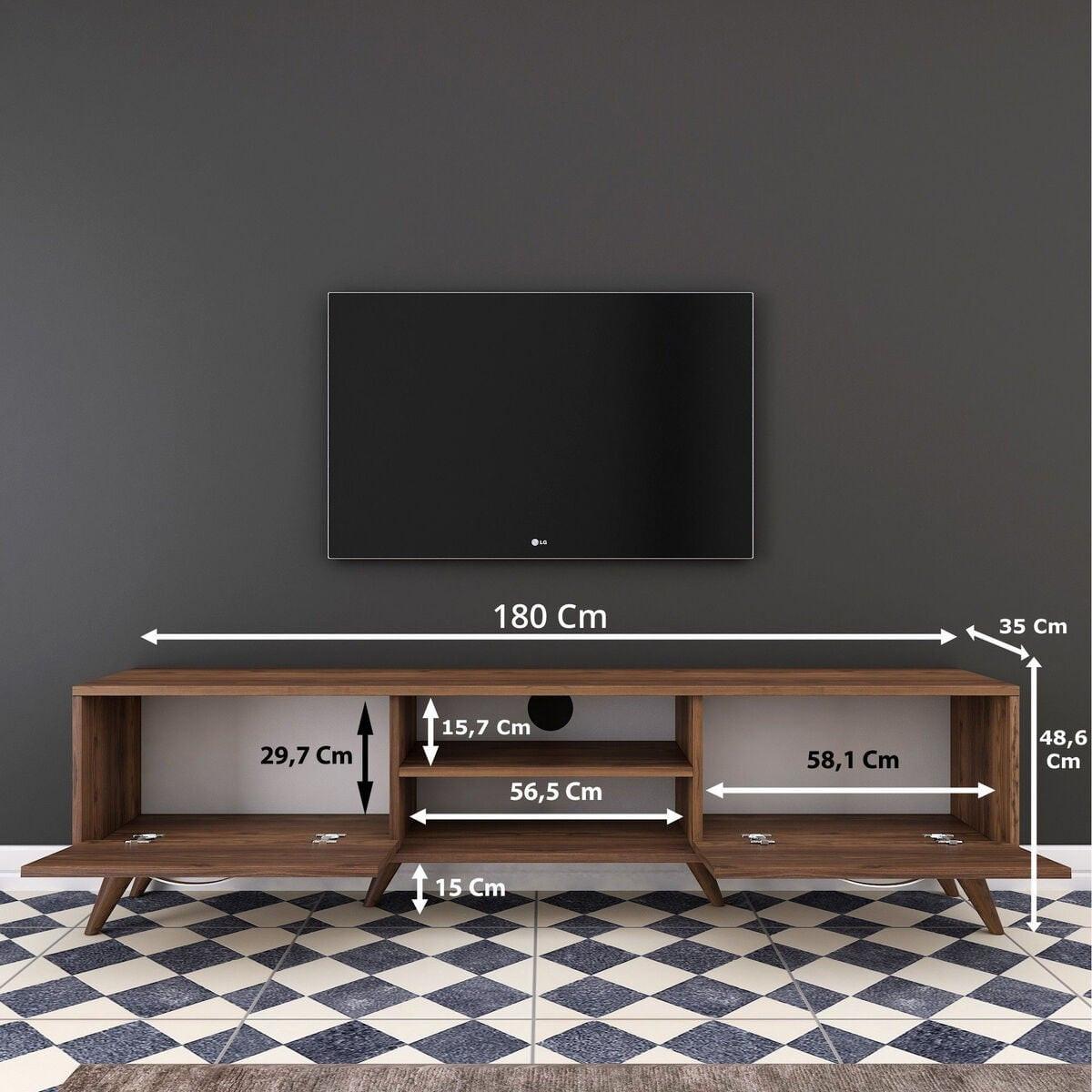 TV-MÖBEL 2 Klapptüren 2 offene Fächer in der Mitte Dekor Walnussholz 35/48,6/180 cm - Nussbaumfarben, Holzwerkstoff (180/48.6/40.5cm) - Calicosy