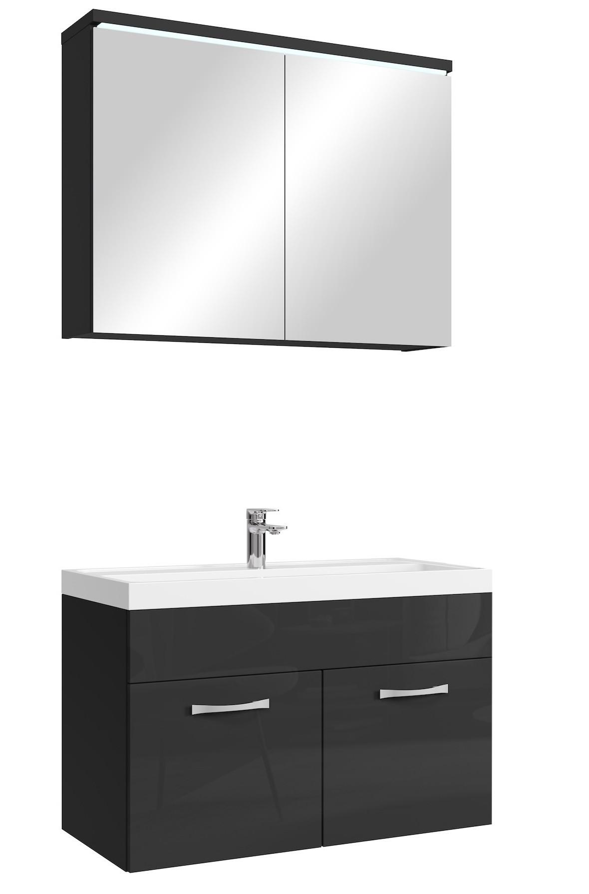 BADMÖBEL-SET Paso 3 Teile Schwarz Hochglanz - 80 x 35 x 55 cm - Schwarz, Holz (80/55/40cm) - Badplaats