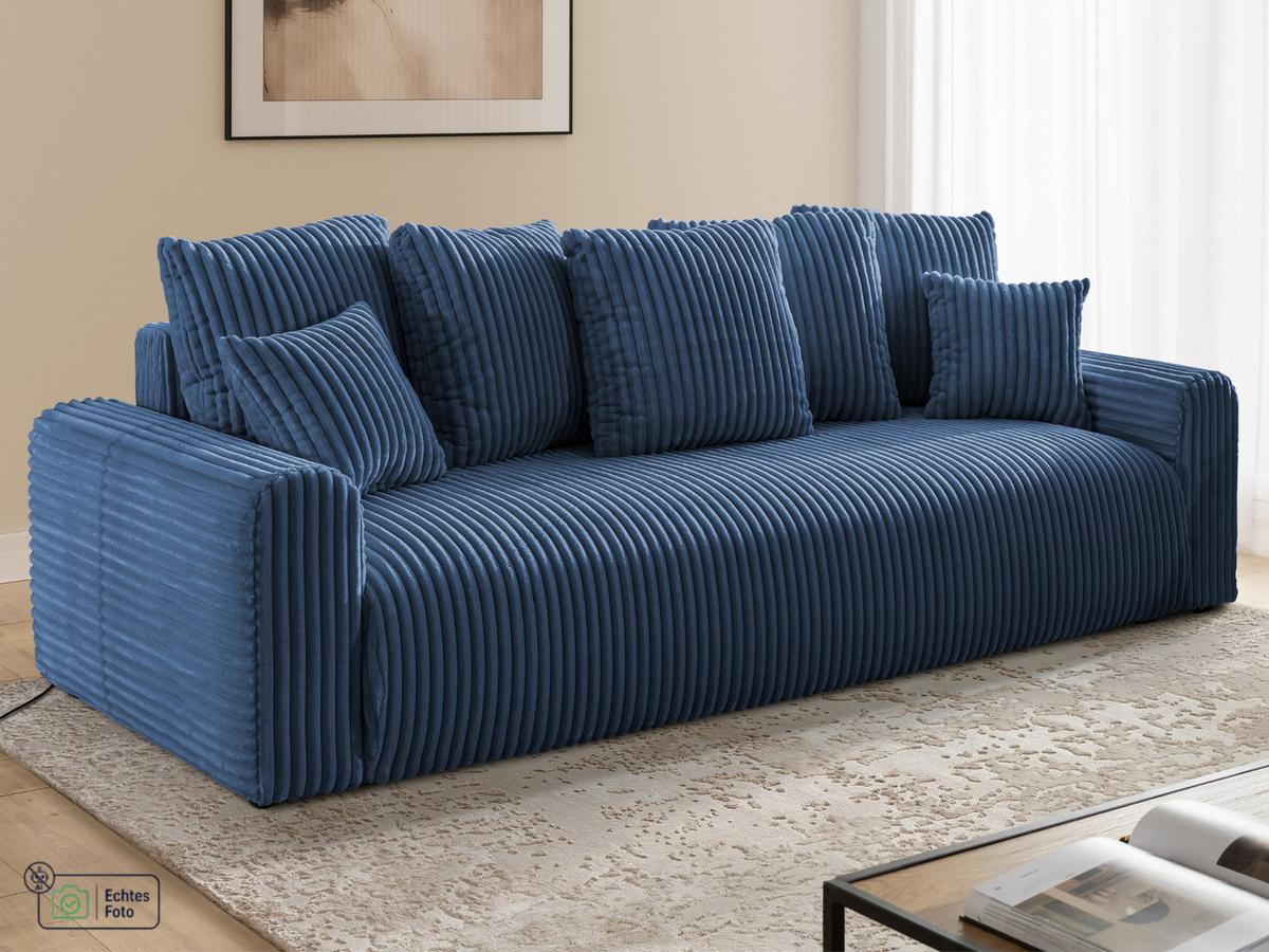 SCHLAFSOFA Calma mit Bettkasten im Bumpy-Design aus weichem Marineblau Plüschcord - Blau/Schwarz, Holz/Kunststoff (239/88/98cm) - S-Style