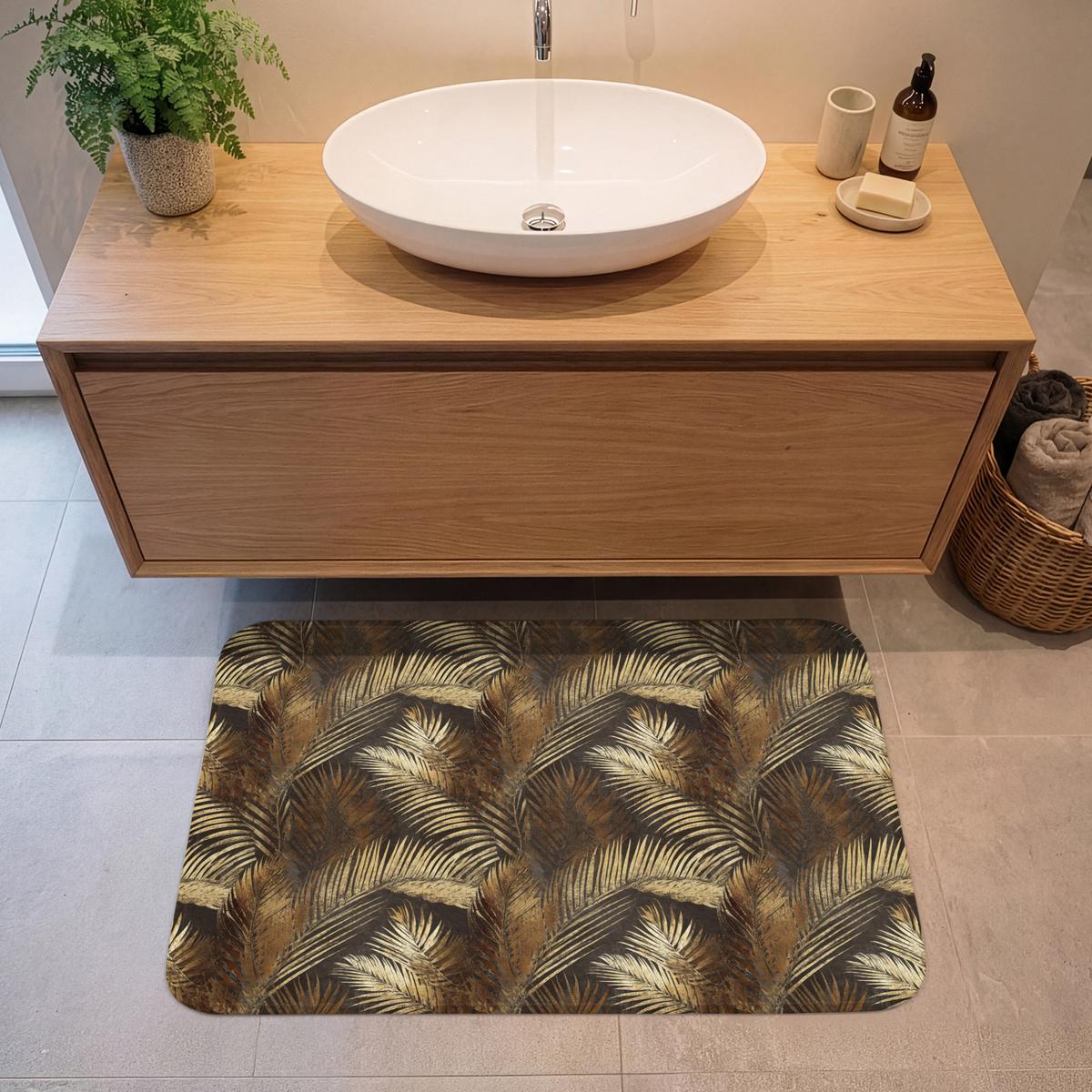 BADEMATTE Tropisch - Blätter - Gold 90x60 cm - Dunkelbraun/Goldfarben, Textil (90/60cm) - OnlyWow