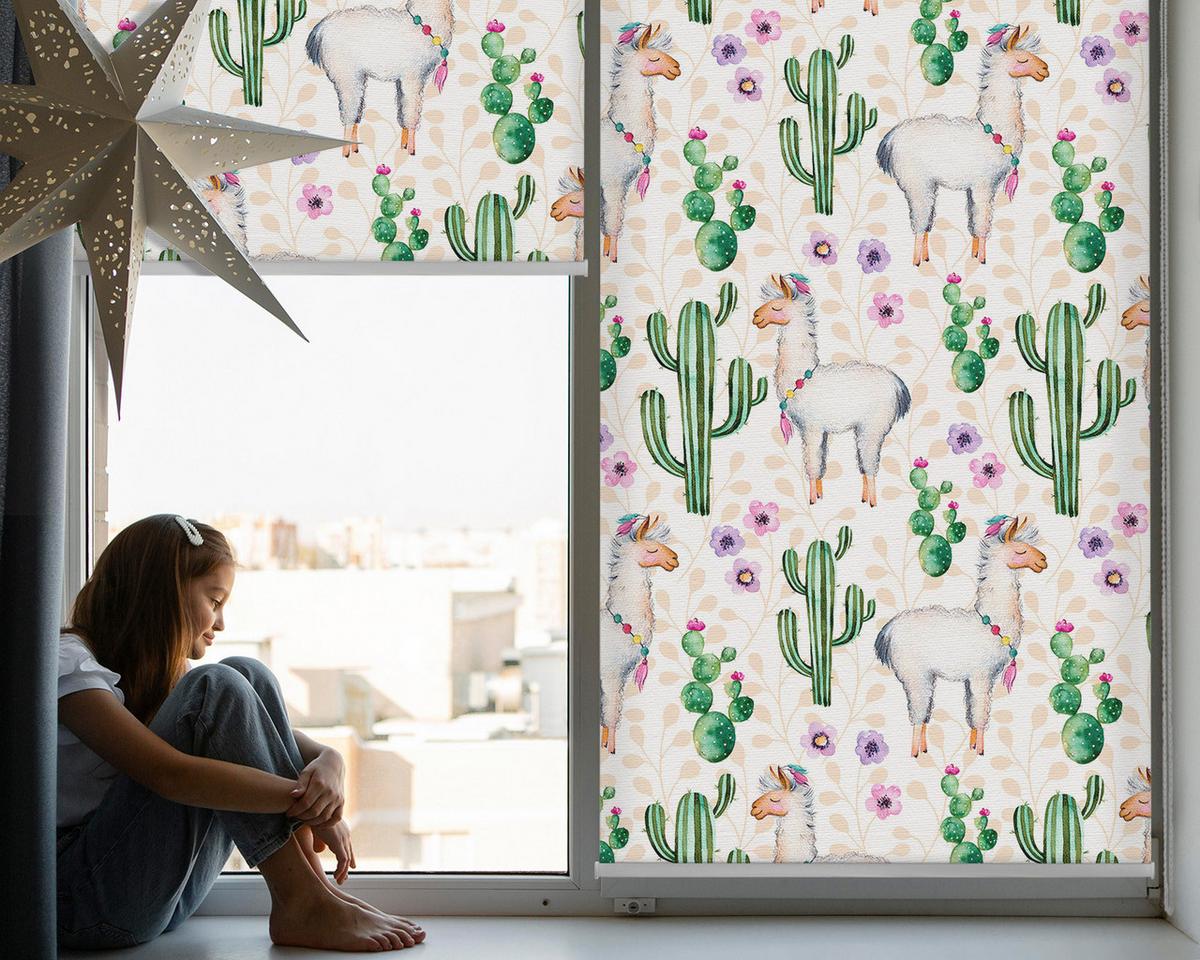 INNENROLLO - Fensterrollo - Rollo - 100x140 cm - Lamas und Kakteen - Grün, Kunststoff (100/140/0.5cm) - TULUP