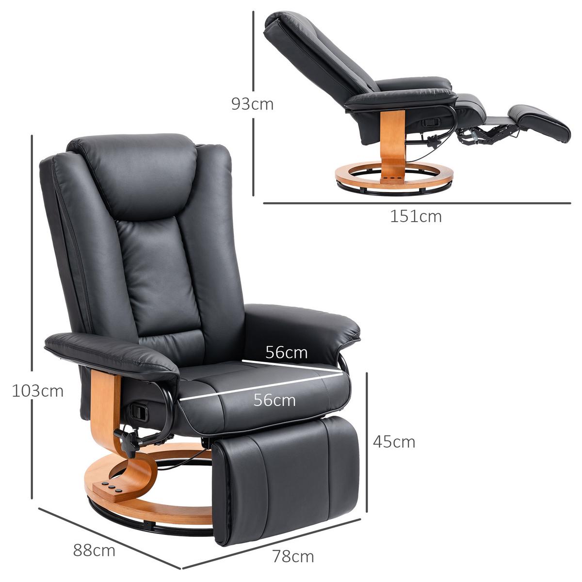 RELAXSESSEL Drehbar Fernsehsessel mit Liegefunktion, Fußstütze, Schwarz - Schwarz, Leder/Holzwerkstoff (88/103/78cm) - HOMCOM