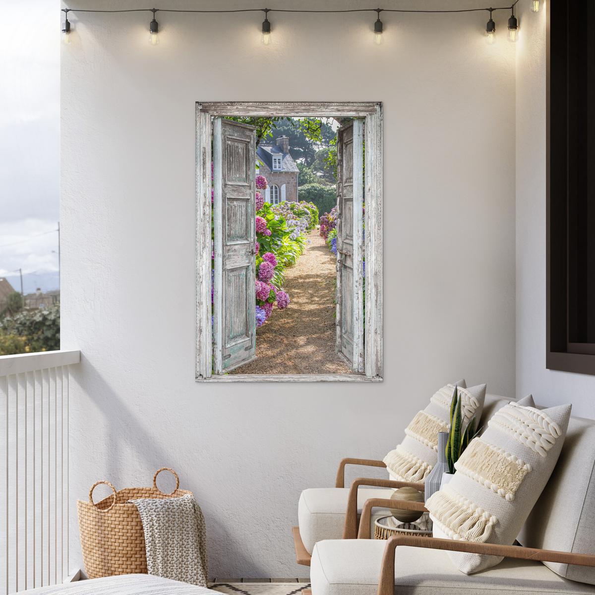 GARTENPOSTER Durchblick - Hortensie - Blumen Outdoor Bilder 80x120 cm - Hellgrau, Kunststoff (80/120/0.2cm) - OnlyWow